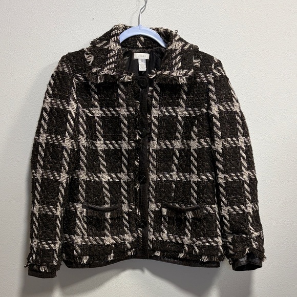 Chico’s Brown Cream Plaid Bouclé Tweed Jacket Faux Leather Trim Size 0 M - Picture 3 of 13